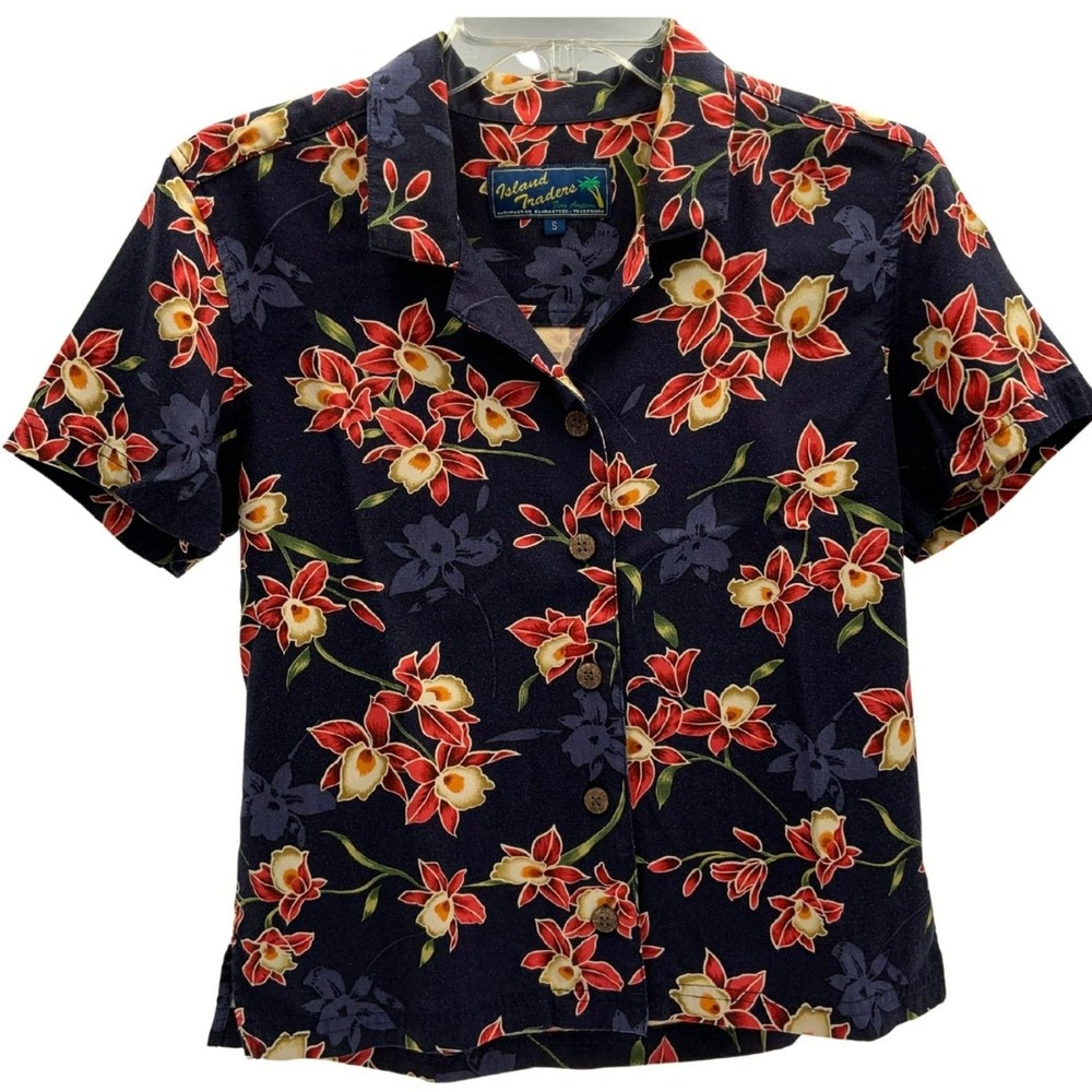 Island Traders Hawaiian Shirt Floral Tropical Aloha Womens S Blue Button Front